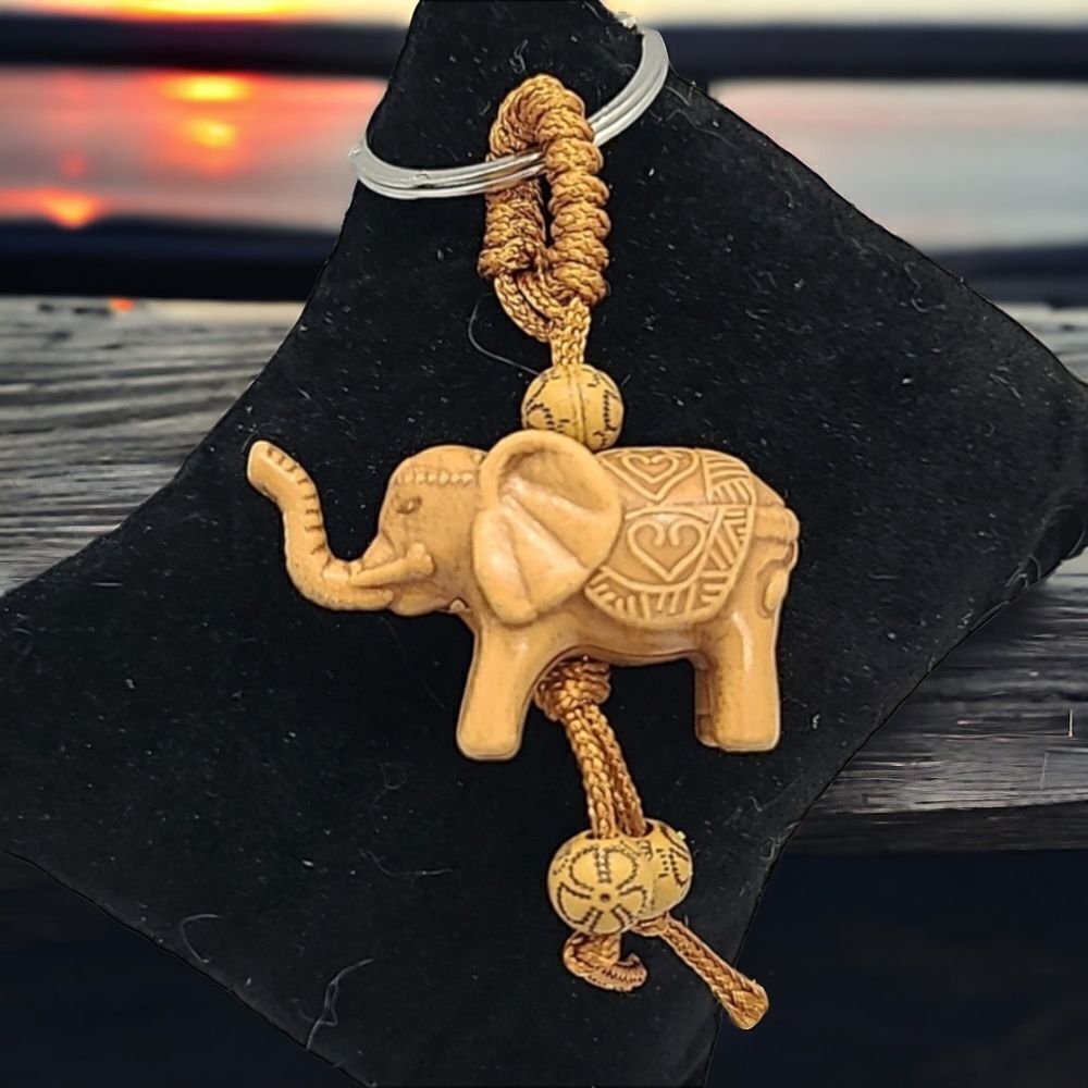 Elephant Good Luck Keychain Boho Safari Resin Carved Look Lucky Charm Key Ring